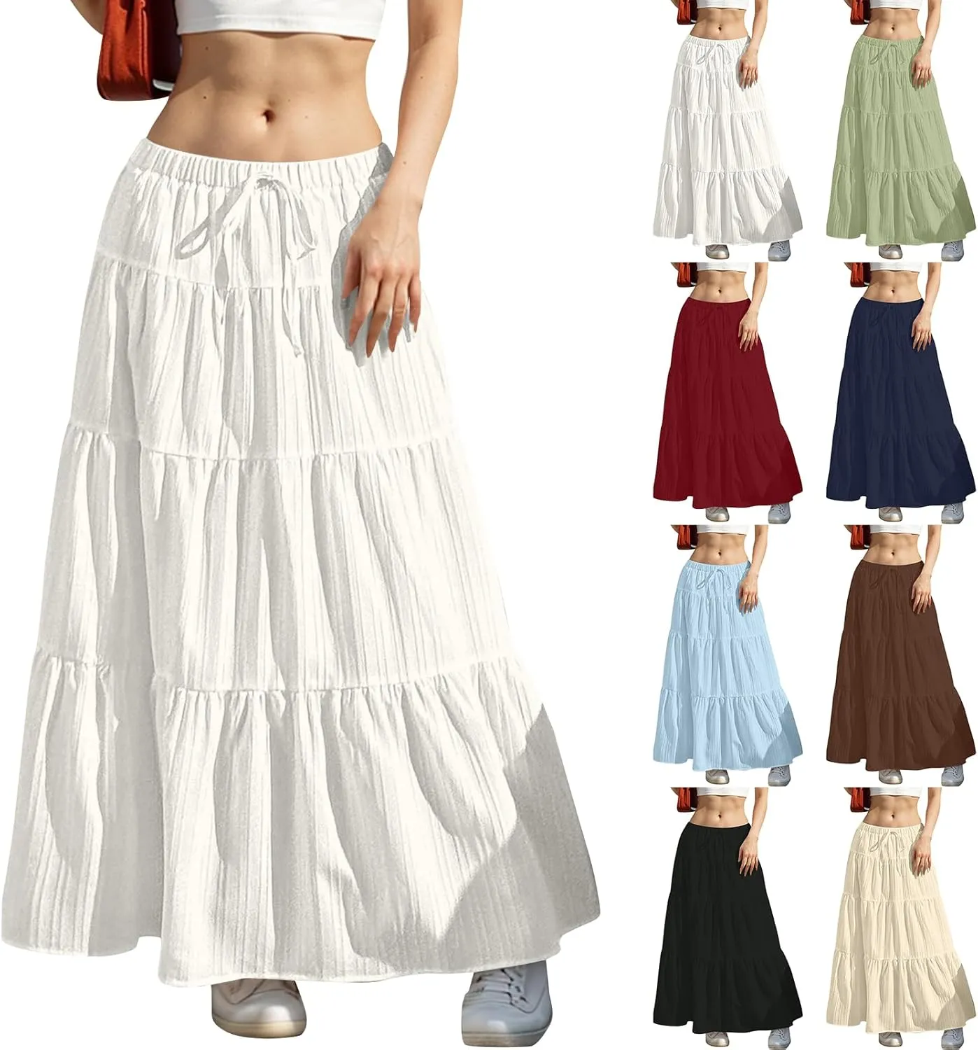 midelxp Tiered Long Skirts for Women Summer Vacation A-Line Pleated Skirt Drawstring High Waisted Flowy Swing Maxi Skirts