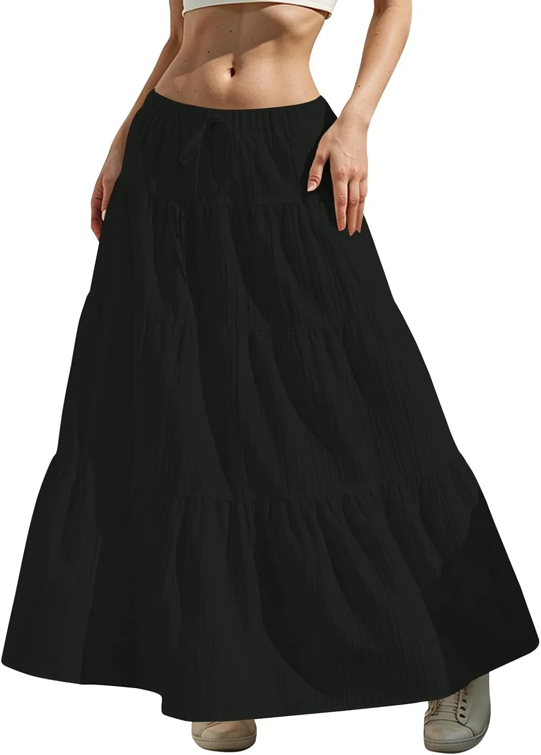 midelxp Tiered Long Skirts for Women Summer Vacation A-Line Pleated Skirt Drawstring High Waisted Flowy Swing Maxi Skirts