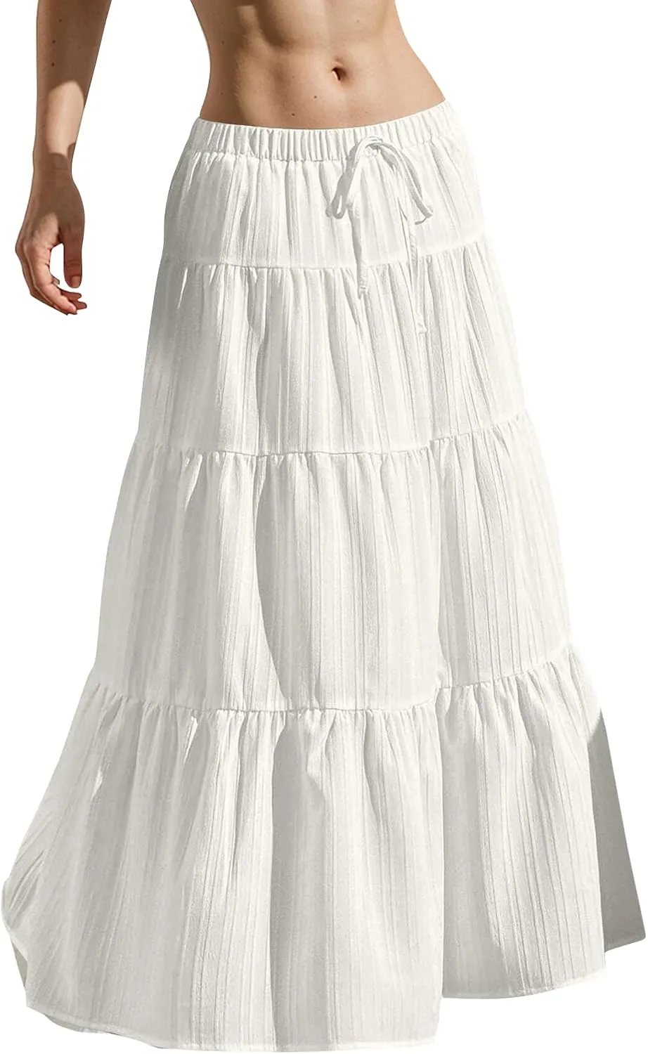 midelxp Tiered Long Skirts for Women Summer Vacation A-Line Pleated Skirt Drawstring High Waisted Flowy Swing Maxi Skirts