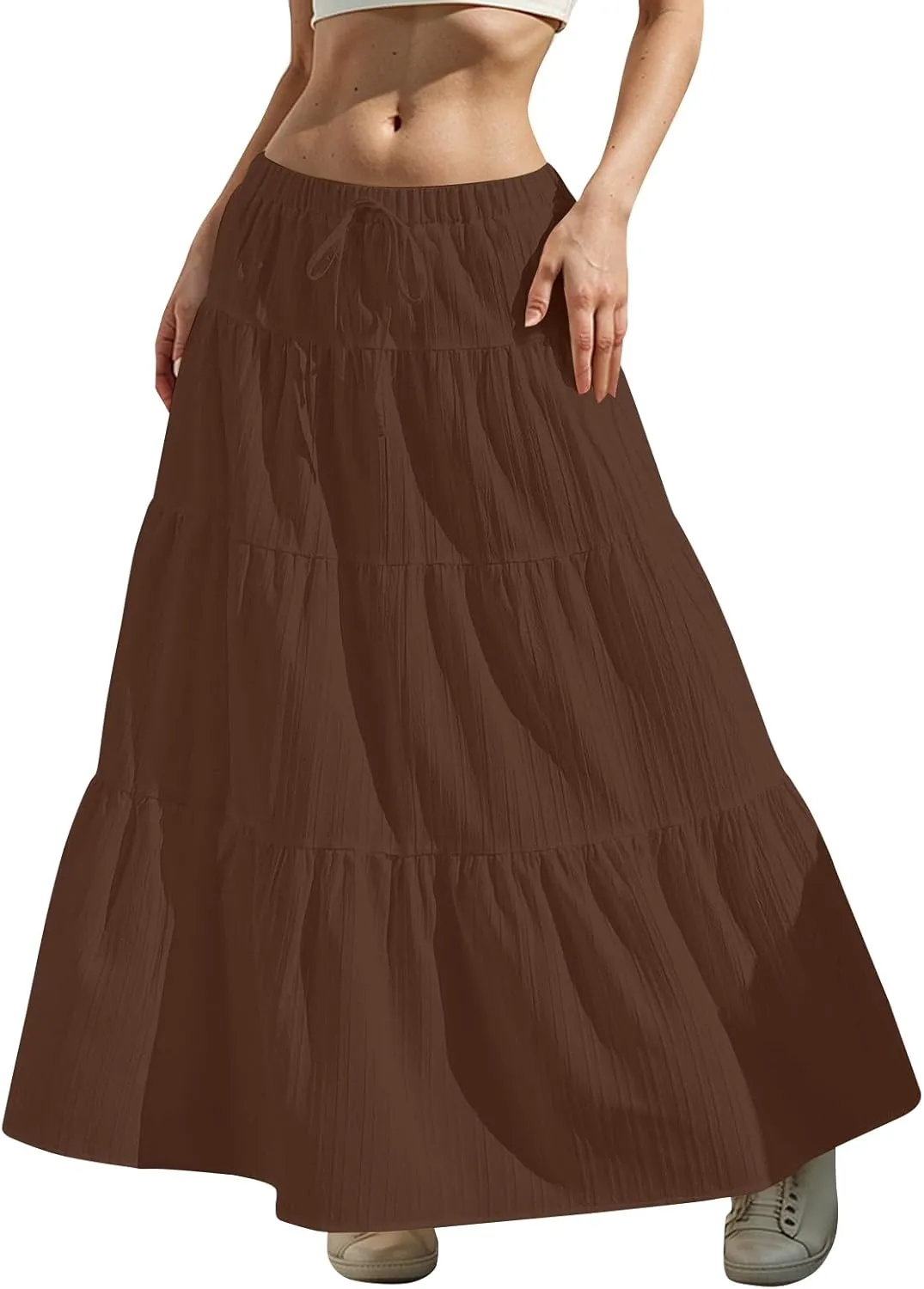 midelxp Tiered Long Skirts for Women Summer Vacation A-Line Pleated Skirt Drawstring High Waisted Flowy Swing Maxi Skirts