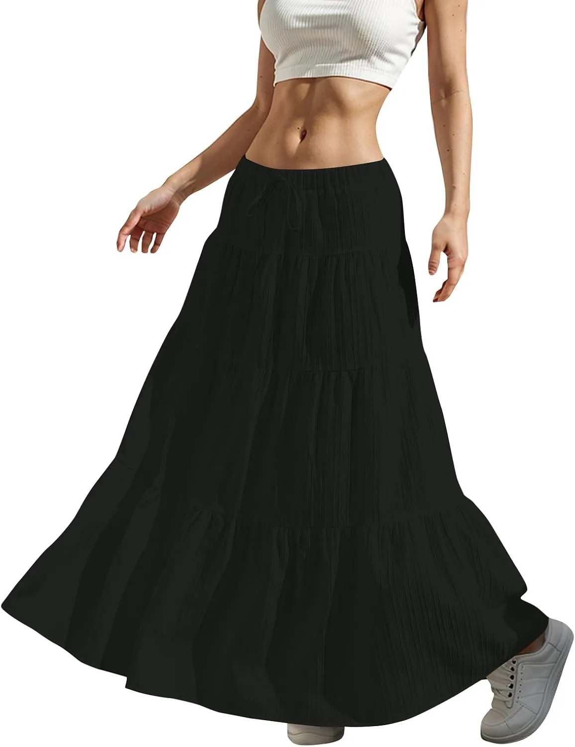 midelxp Tiered Long Skirts for Women Summer Vacation A-Line Pleated Skirt Drawstring High Waisted Flowy Swing Maxi Skirts