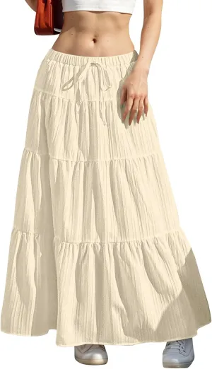 midelxp Tiered Long Skirts for Women Summer Vacation A-Line Pleated Skirt Drawstring High Waisted Flowy Swing Maxi Skirts
