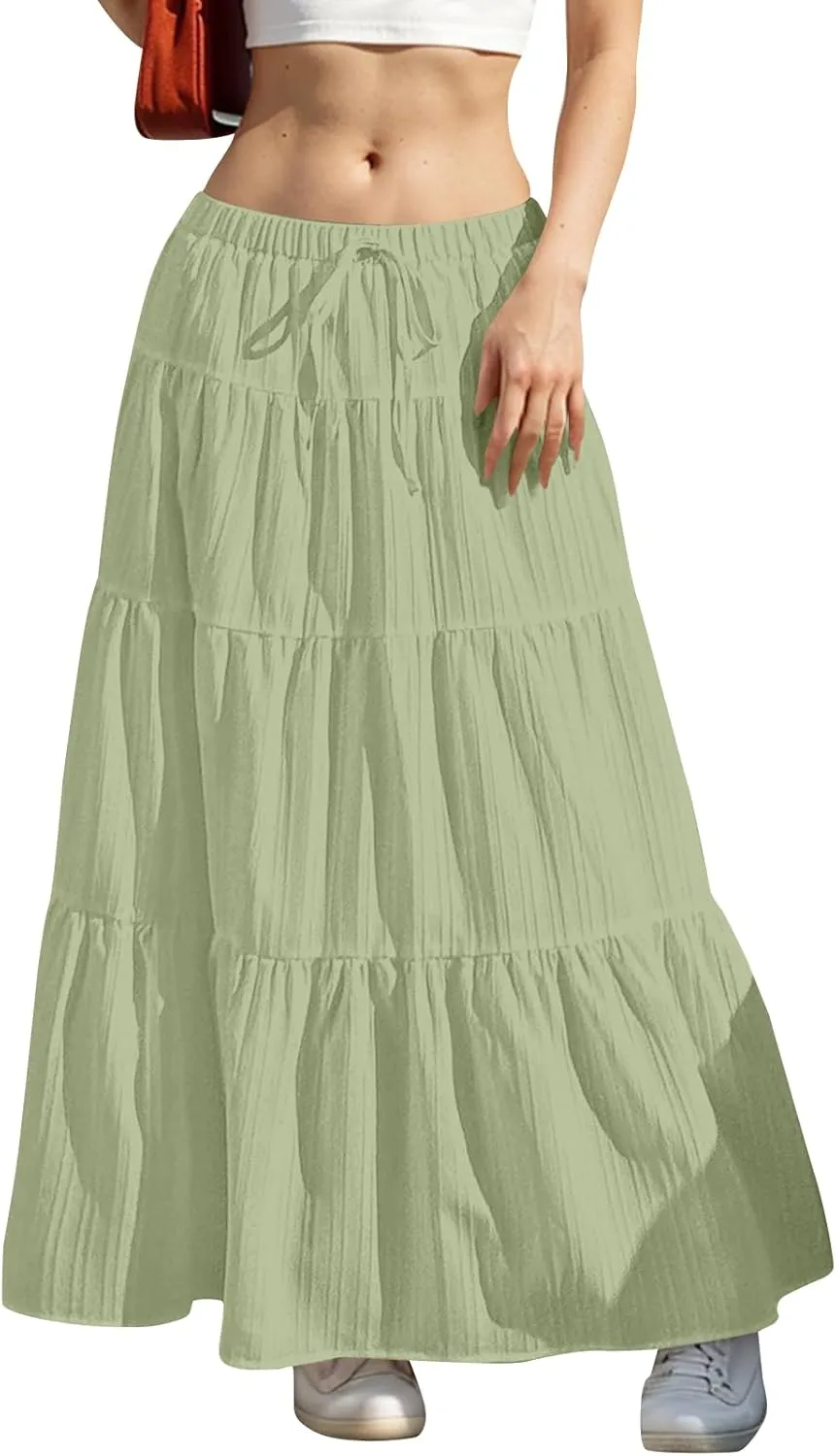 midelxp Tiered Long Skirts for Women Summer Vacation A-Line Pleated Skirt Drawstring High Waisted Flowy Swing Maxi Skirts