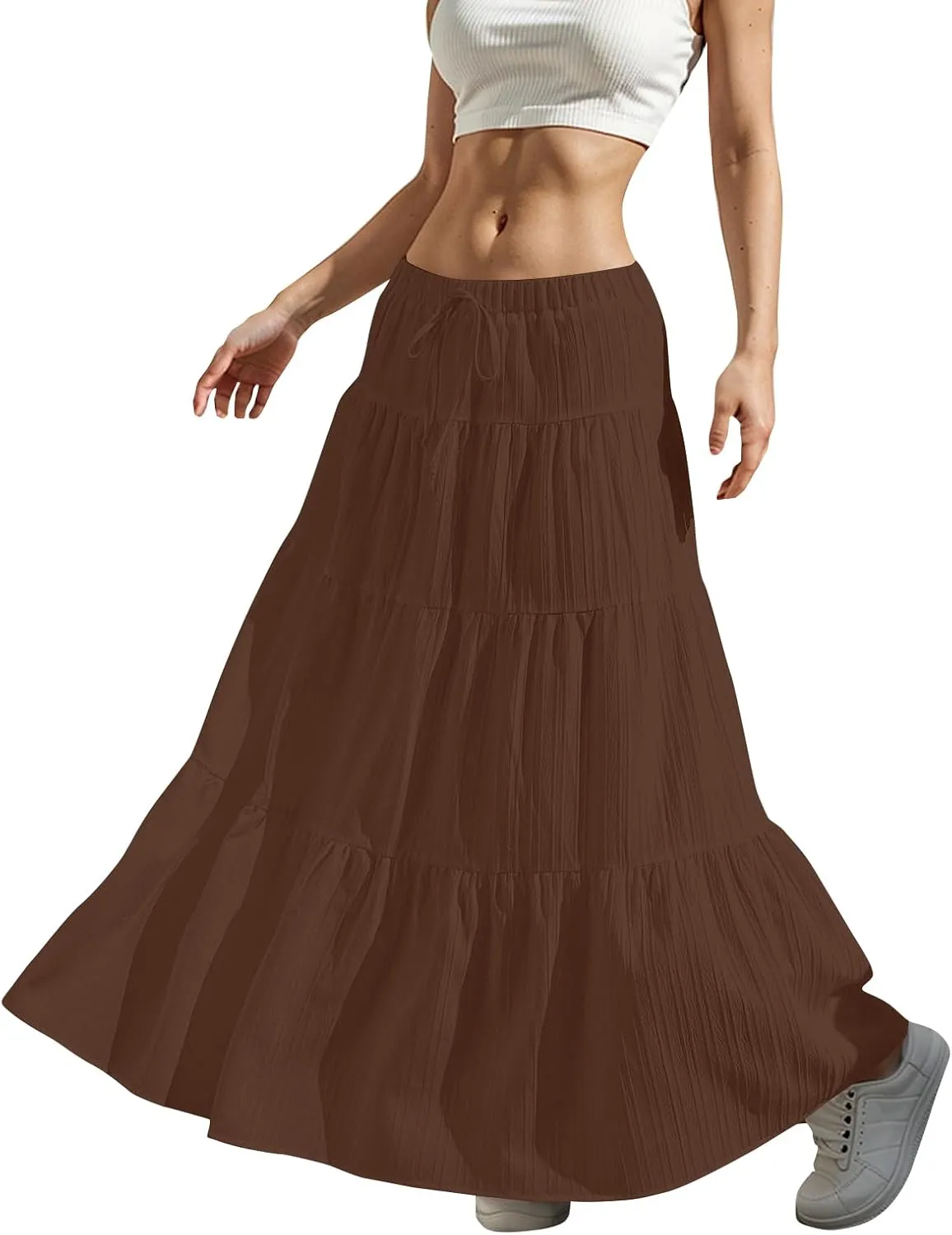 midelxp Tiered Long Skirts for Women Summer Vacation A-Line Pleated Skirt Drawstring High Waisted Flowy Swing Maxi Skirts