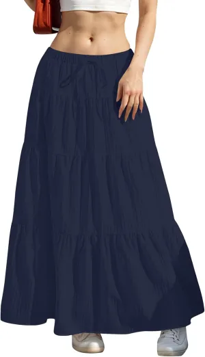 midelxp Tiered Long Skirts for Women Summer Vacation A-Line Pleated Skirt Drawstring High Waisted Flowy Swing Maxi Skirts