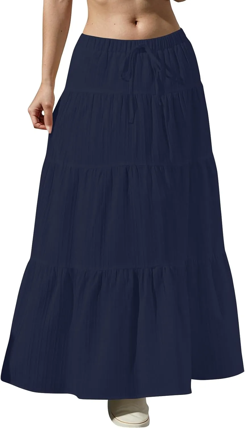 midelxp Tiered Long Skirts for Women Summer Vacation A-Line Pleated Skirt Drawstring High Waisted Flowy Swing Maxi Skirts