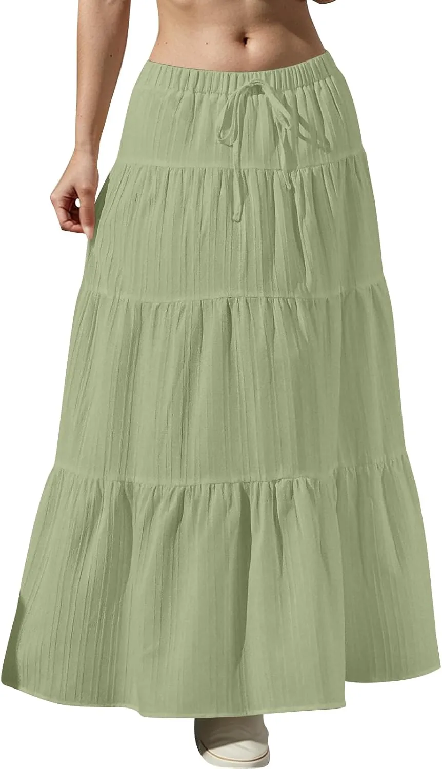 midelxp Tiered Long Skirts for Women Summer Vacation A-Line Pleated Skirt Drawstring High Waisted Flowy Swing Maxi Skirts