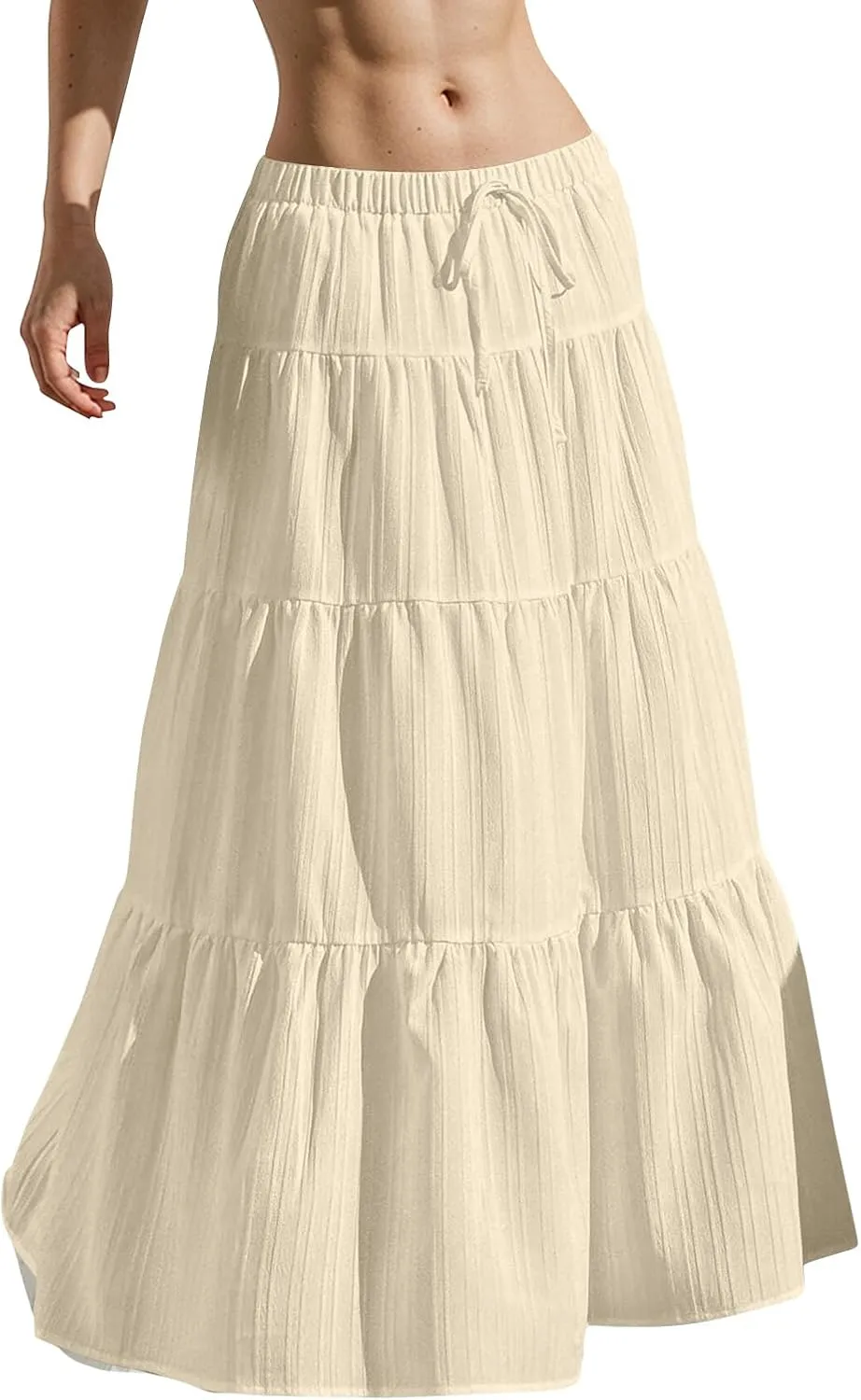 midelxp Tiered Long Skirts for Women Summer Vacation A-Line Pleated Skirt Drawstring High Waisted Flowy Swing Maxi Skirts