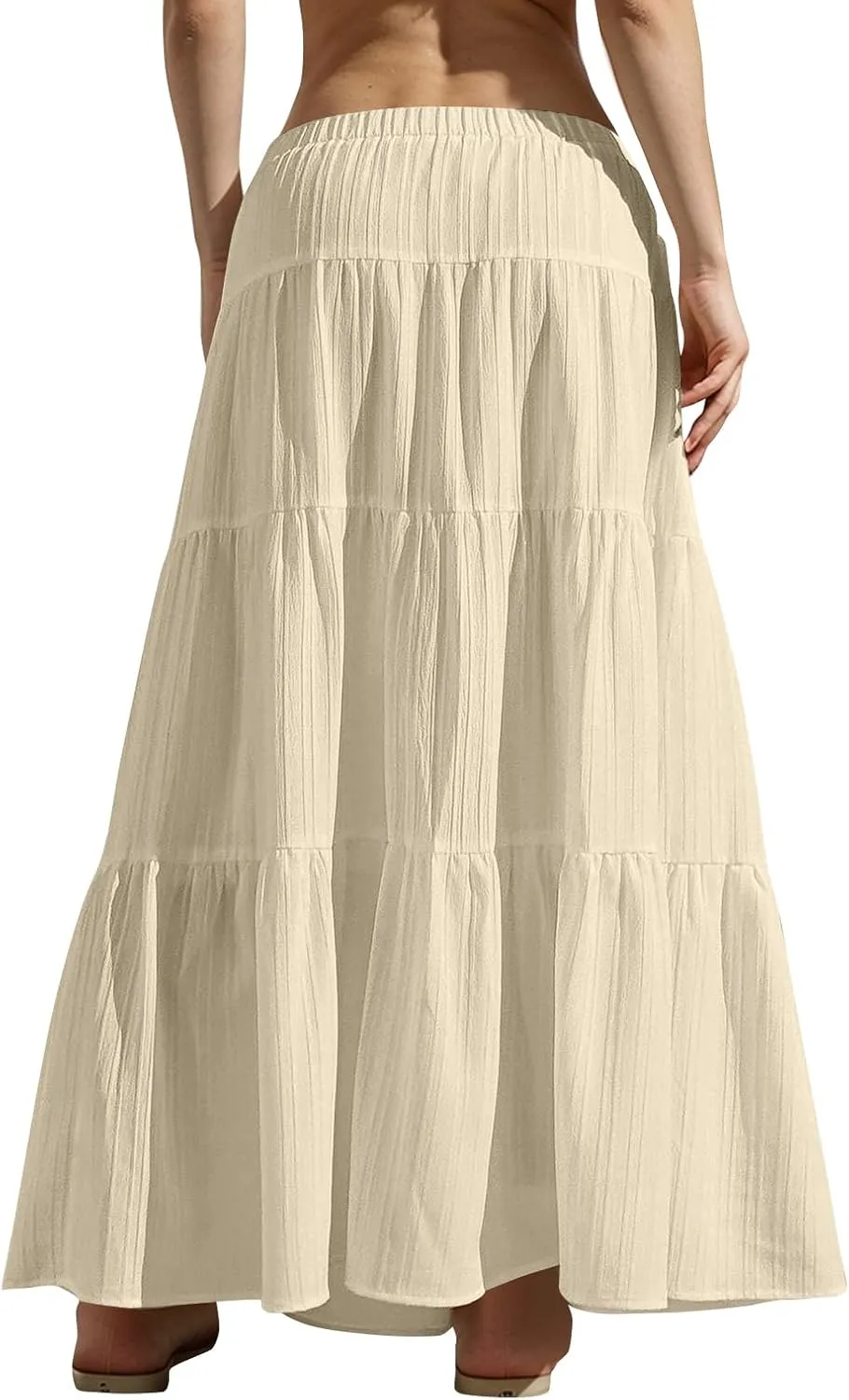 midelxp Tiered Long Skirts for Women Summer Vacation A-Line Pleated Skirt Drawstring High Waisted Flowy Swing Maxi Skirts