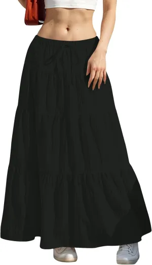 midelxp Tiered Long Skirts for Women Summer Vacation A-Line Pleated Skirt Drawstring High Waisted Flowy Swing Maxi Skirts