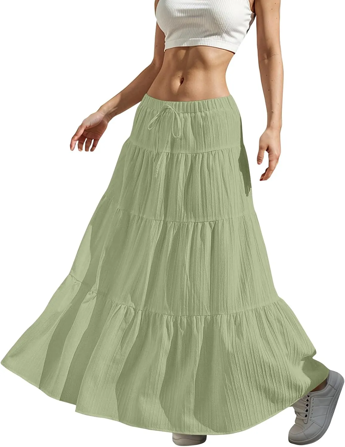 midelxp Tiered Long Skirts for Women Summer Vacation A-Line Pleated Skirt Drawstring High Waisted Flowy Swing Maxi Skirts