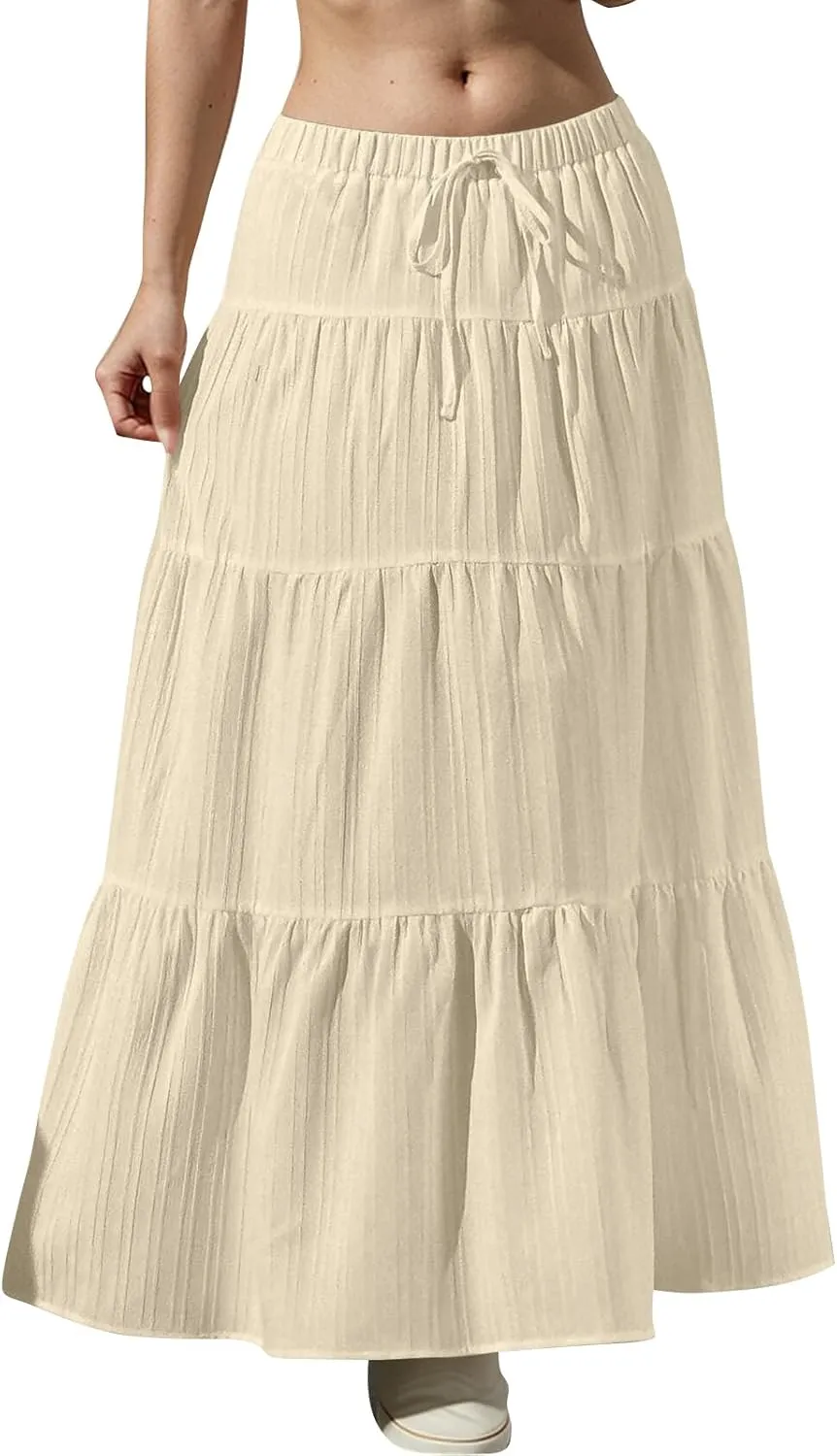 midelxp Tiered Long Skirts for Women Summer Vacation A-Line Pleated Skirt Drawstring High Waisted Flowy Swing Maxi Skirts