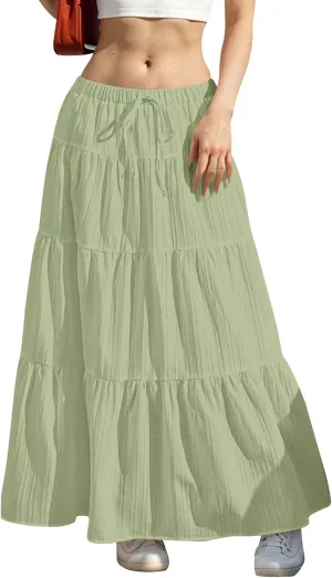 midelxp Tiered Long Skirts for Women Summer Vacation A-Line Pleated Skirt Drawstring High Waisted Flowy Swing Maxi Skirts