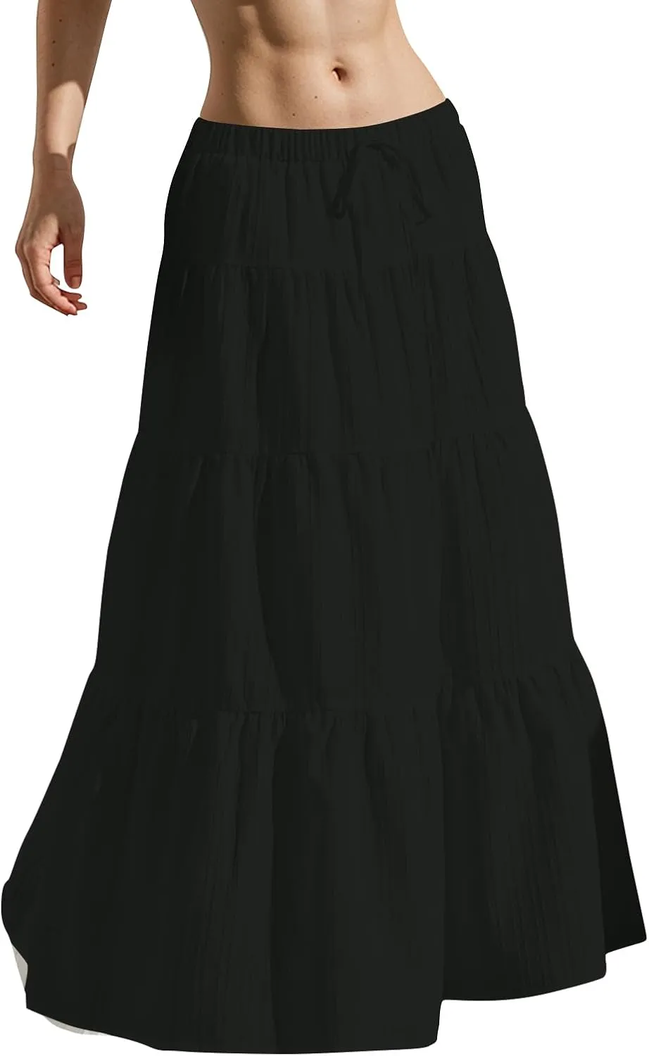 midelxp Tiered Long Skirts for Women Summer Vacation A-Line Pleated Skirt Drawstring High Waisted Flowy Swing Maxi Skirts