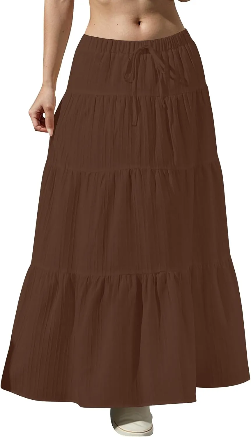 midelxp Tiered Long Skirts for Women Summer Vacation A-Line Pleated Skirt Drawstring High Waisted Flowy Swing Maxi Skirts