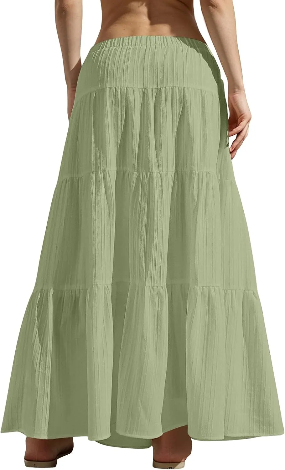 midelxp Tiered Long Skirts for Women Summer Vacation A-Line Pleated Skirt Drawstring High Waisted Flowy Swing Maxi Skirts