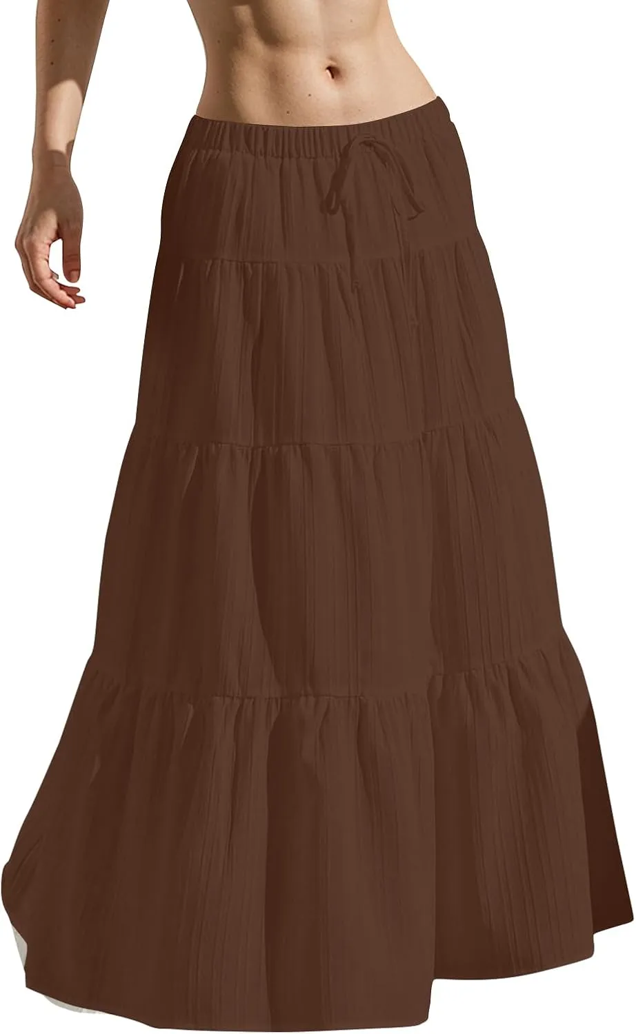 midelxp Tiered Long Skirts for Women Summer Vacation A-Line Pleated Skirt Drawstring High Waisted Flowy Swing Maxi Skirts