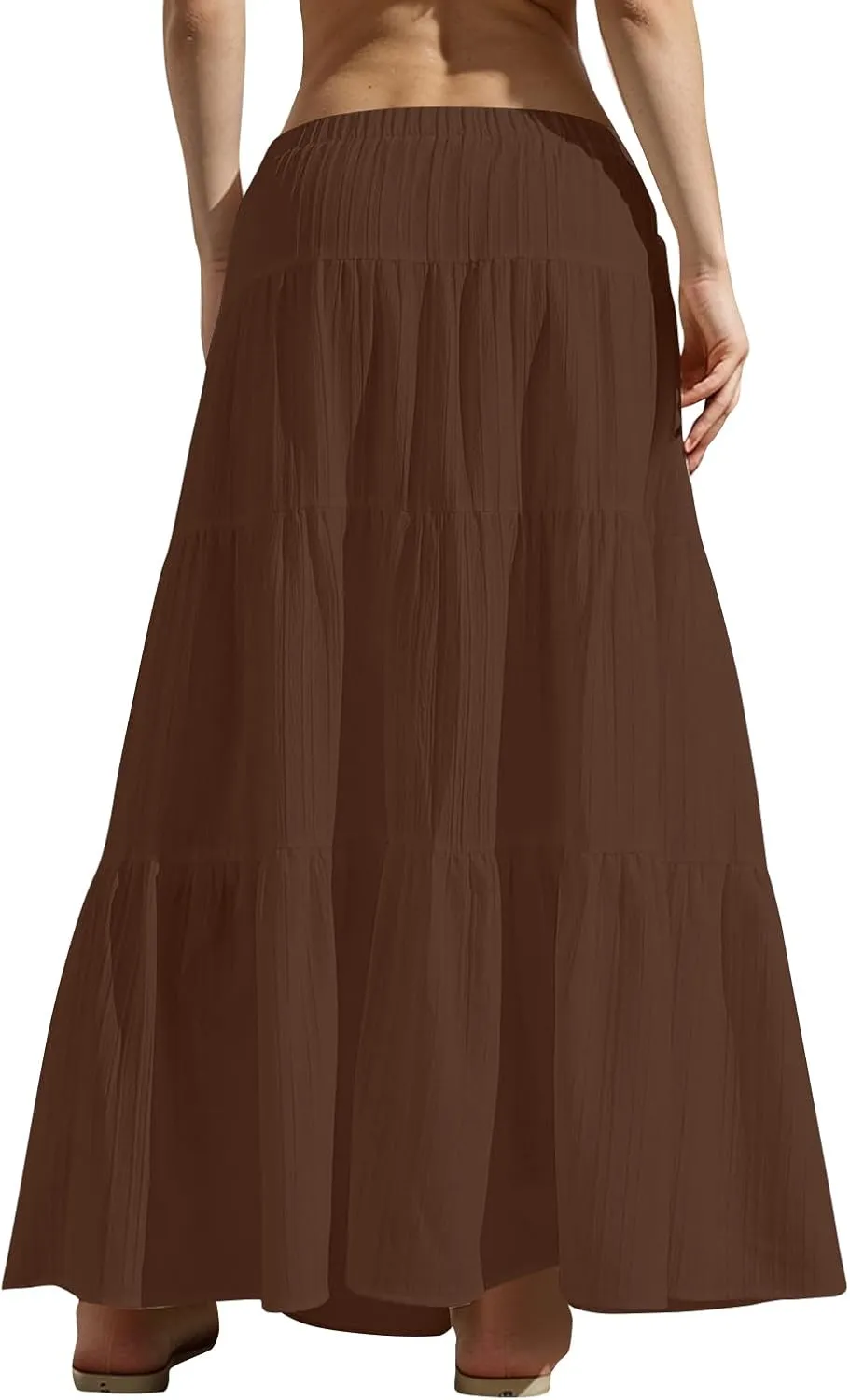 midelxp Tiered Long Skirts for Women Summer Vacation A-Line Pleated Skirt Drawstring High Waisted Flowy Swing Maxi Skirts