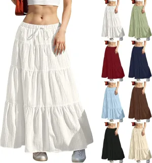 midelxp Tiered Long Skirts for Women Summer Vacation A-Line Pleated Skirt Drawstring High Waisted Flowy Swing Maxi Skirts