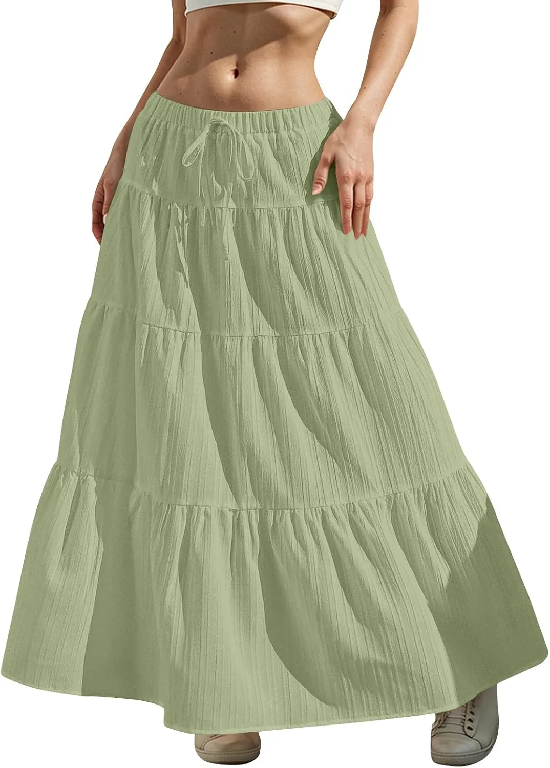 midelxp Tiered Long Skirts for Women Summer Vacation A-Line Pleated Skirt Drawstring High Waisted Flowy Swing Maxi Skirts