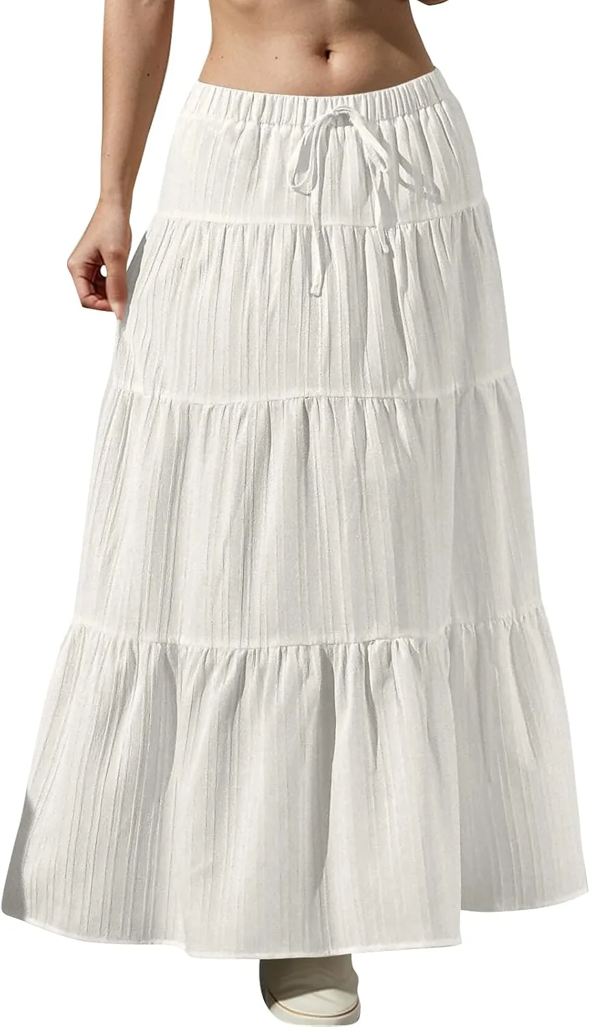 midelxp Tiered Long Skirts for Women Summer Vacation A-Line Pleated Skirt Drawstring High Waisted Flowy Swing Maxi Skirts