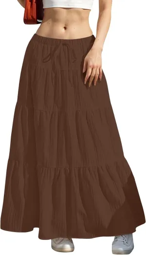 midelxp Tiered Long Skirts for Women Summer Vacation A-Line Pleated Skirt Drawstring High Waisted Flowy Swing Maxi Skirts