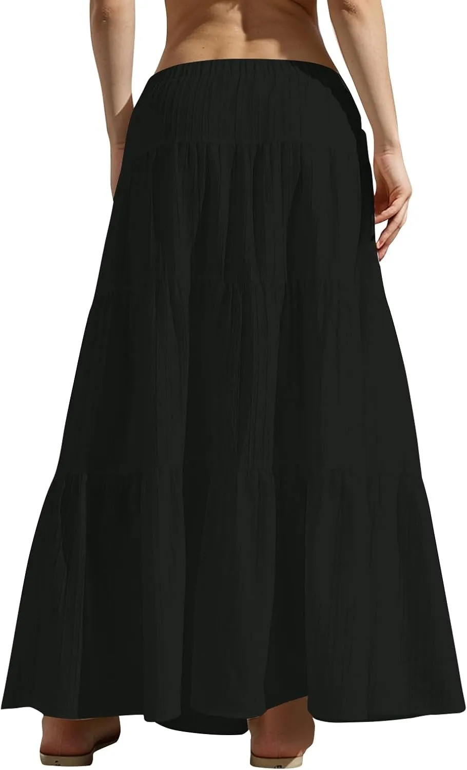 midelxp Tiered Long Skirts for Women Summer Vacation A-Line Pleated Skirt Drawstring High Waisted Flowy Swing Maxi Skirts