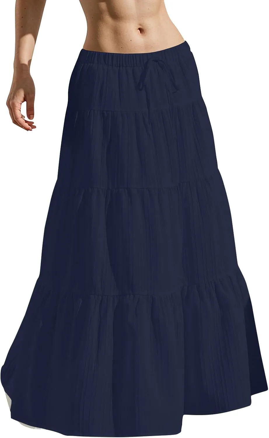 midelxp Tiered Long Skirts for Women Summer Vacation A-Line Pleated Skirt Drawstring High Waisted Flowy Swing Maxi Skirts