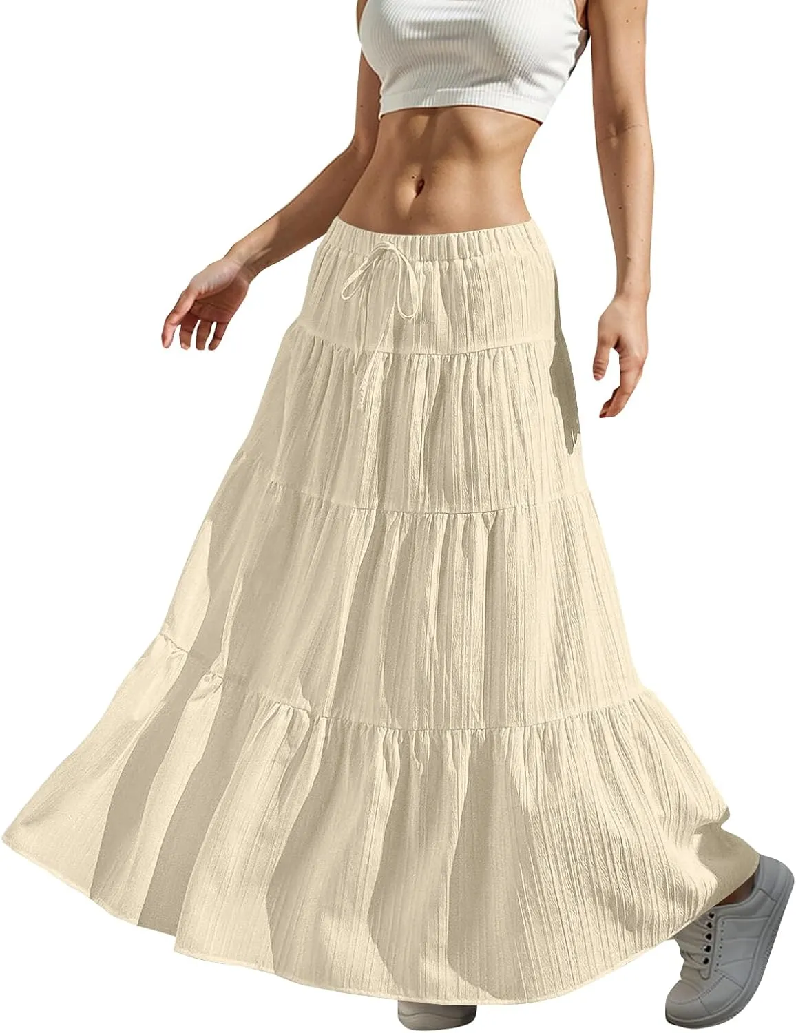 midelxp Tiered Long Skirts for Women Summer Vacation A-Line Pleated Skirt Drawstring High Waisted Flowy Swing Maxi Skirts