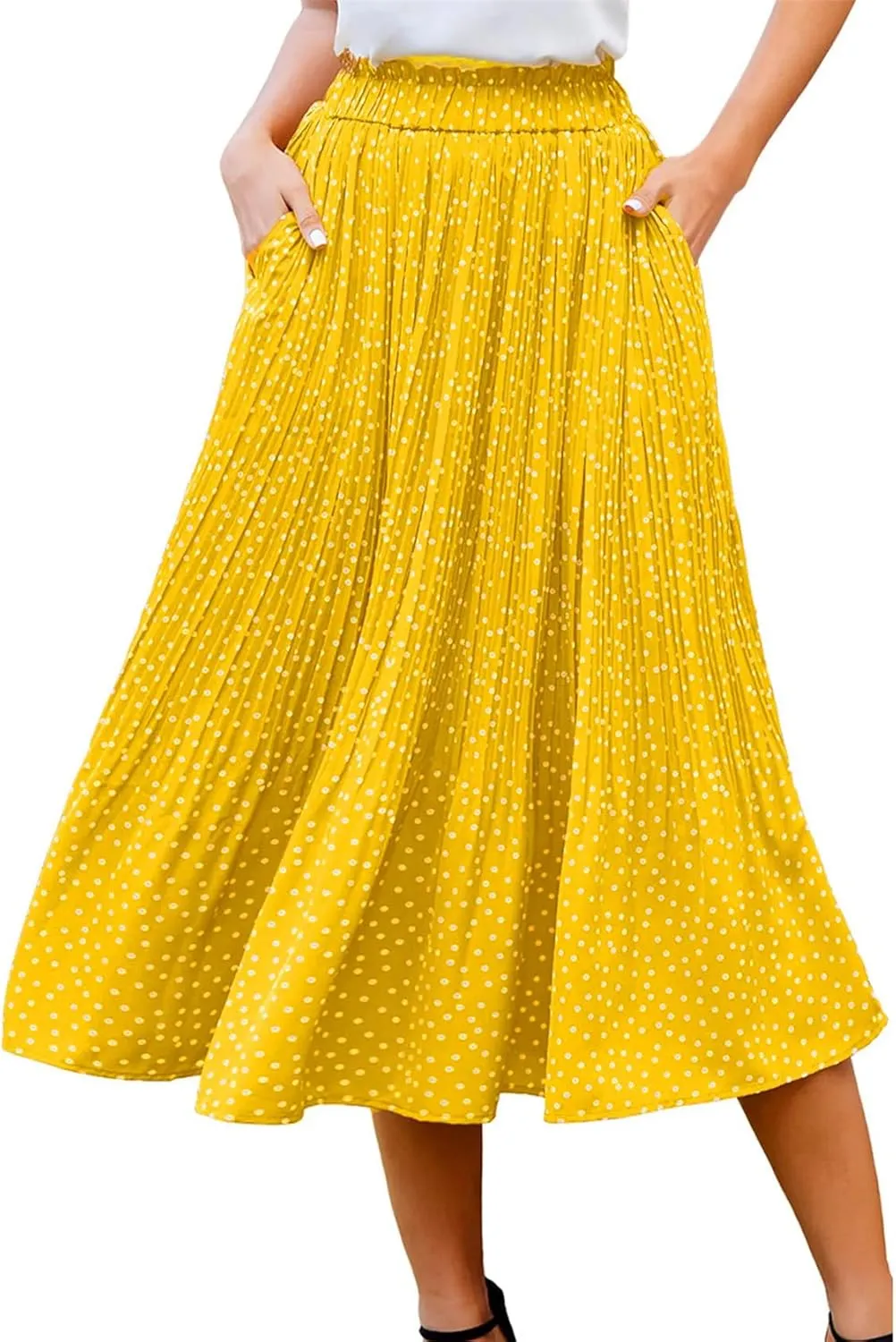 Midi Pleated Skirts for Women Polka Dot Swing High Waist Maxi Skirt with Pockets Dresses