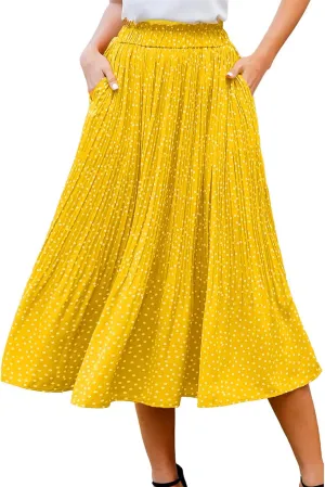 Midi Pleated Skirts for Women Polka Dot Swing High Waist Maxi Skirt with Pockets Dresses