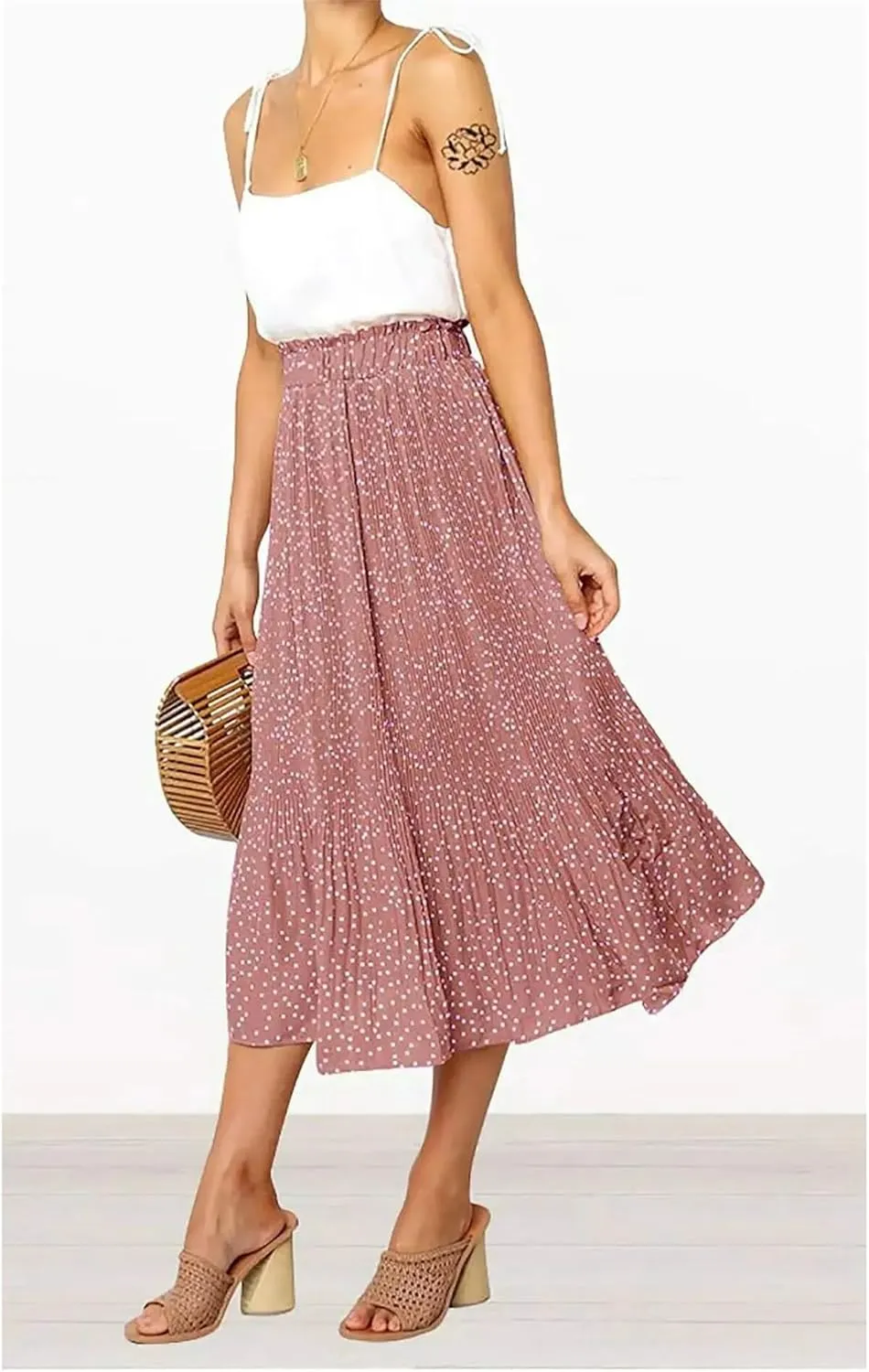 Midi Pleated Skirts for Women Polka Dot Swing High Waist Maxi Skirt with Pockets Dresses