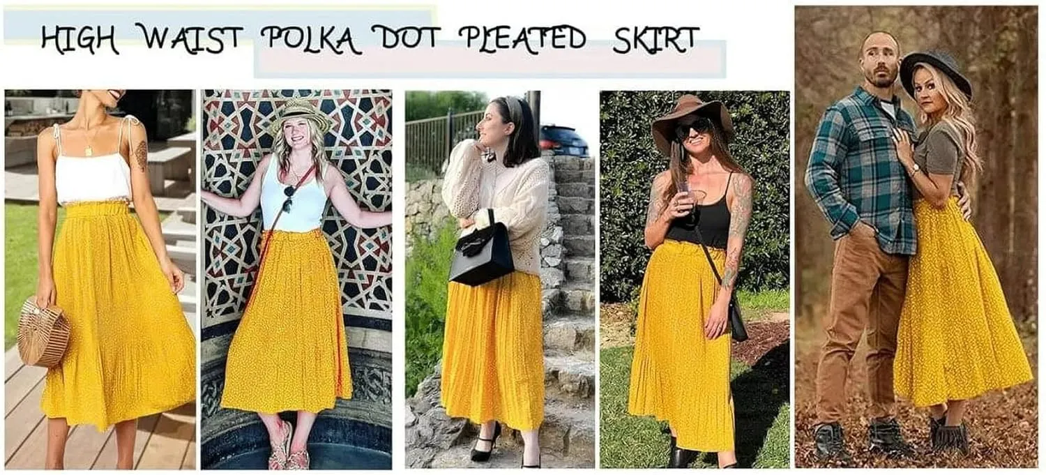 Midi Pleated Skirts for Women Polka Dot Swing High Waist Maxi Skirt with Pockets Dresses