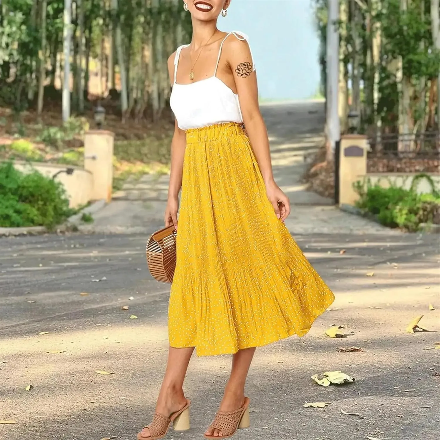 Midi Pleated Skirts for Women Polka Dot Swing High Waist Maxi Skirt with Pockets Dresses