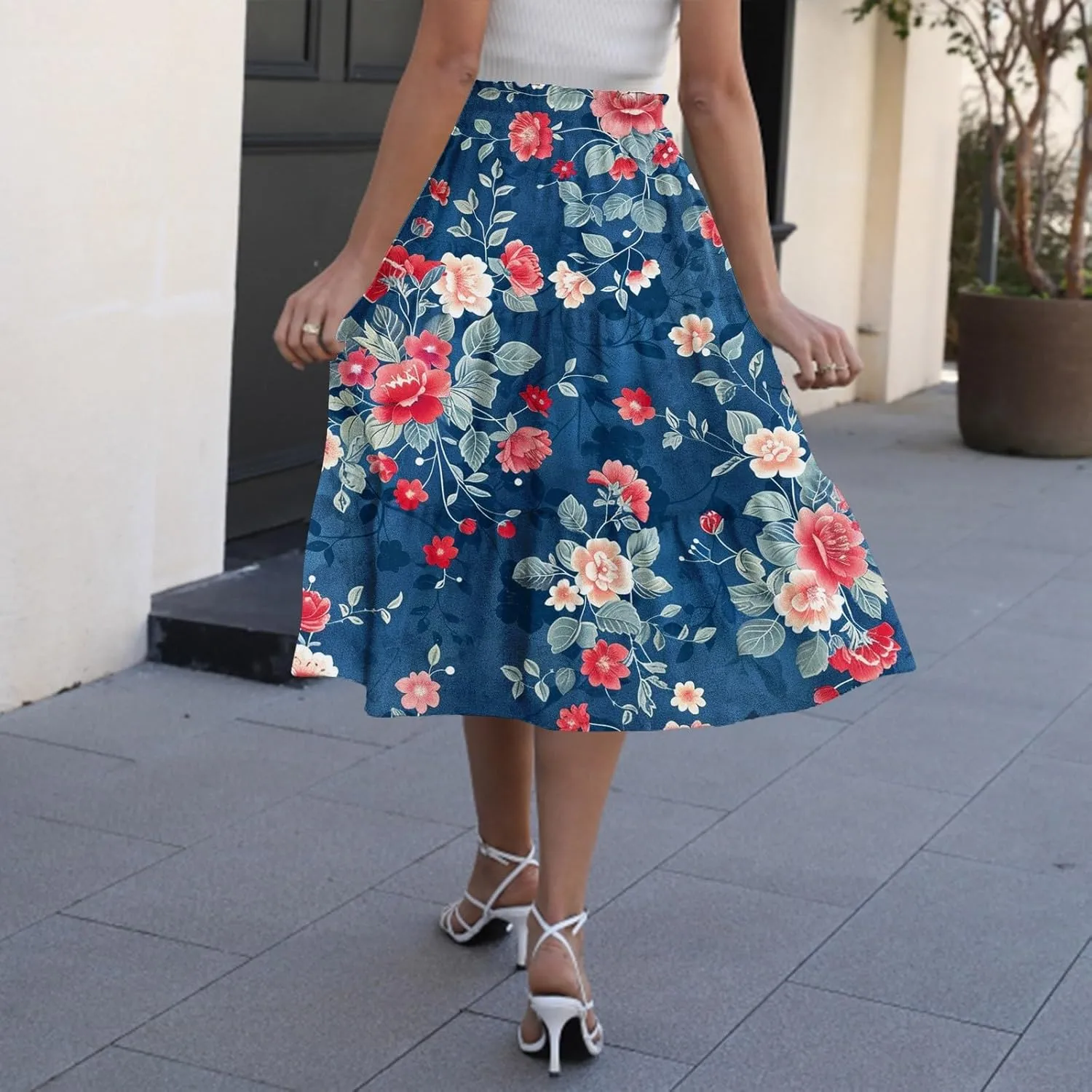 Midi Skirts for Women-2025 Summer Elegant Pleated Floral Skirts Elastic Waisted Tie Front Plus Size Ruffle Skirt