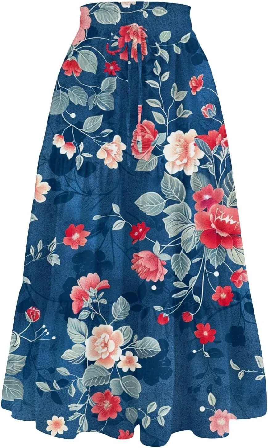 Midi Skirts for Women-2025 Summer Elegant Pleated Floral Skirts Elastic Waisted Tie Front Plus Size Ruffle Skirt