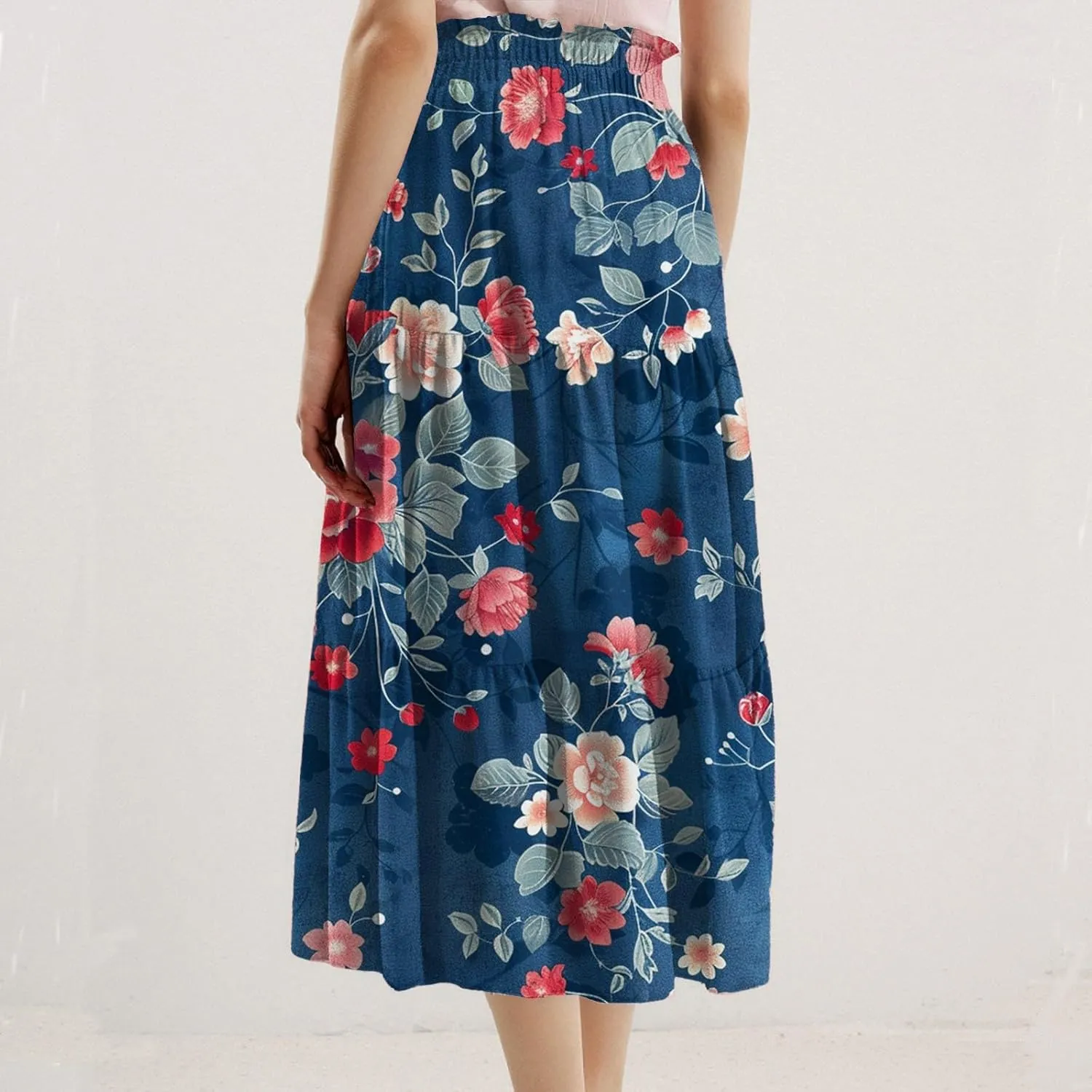 Midi Skirts for Women-2025 Summer Elegant Pleated Floral Skirts Elastic Waisted Tie Front Plus Size Ruffle Skirt