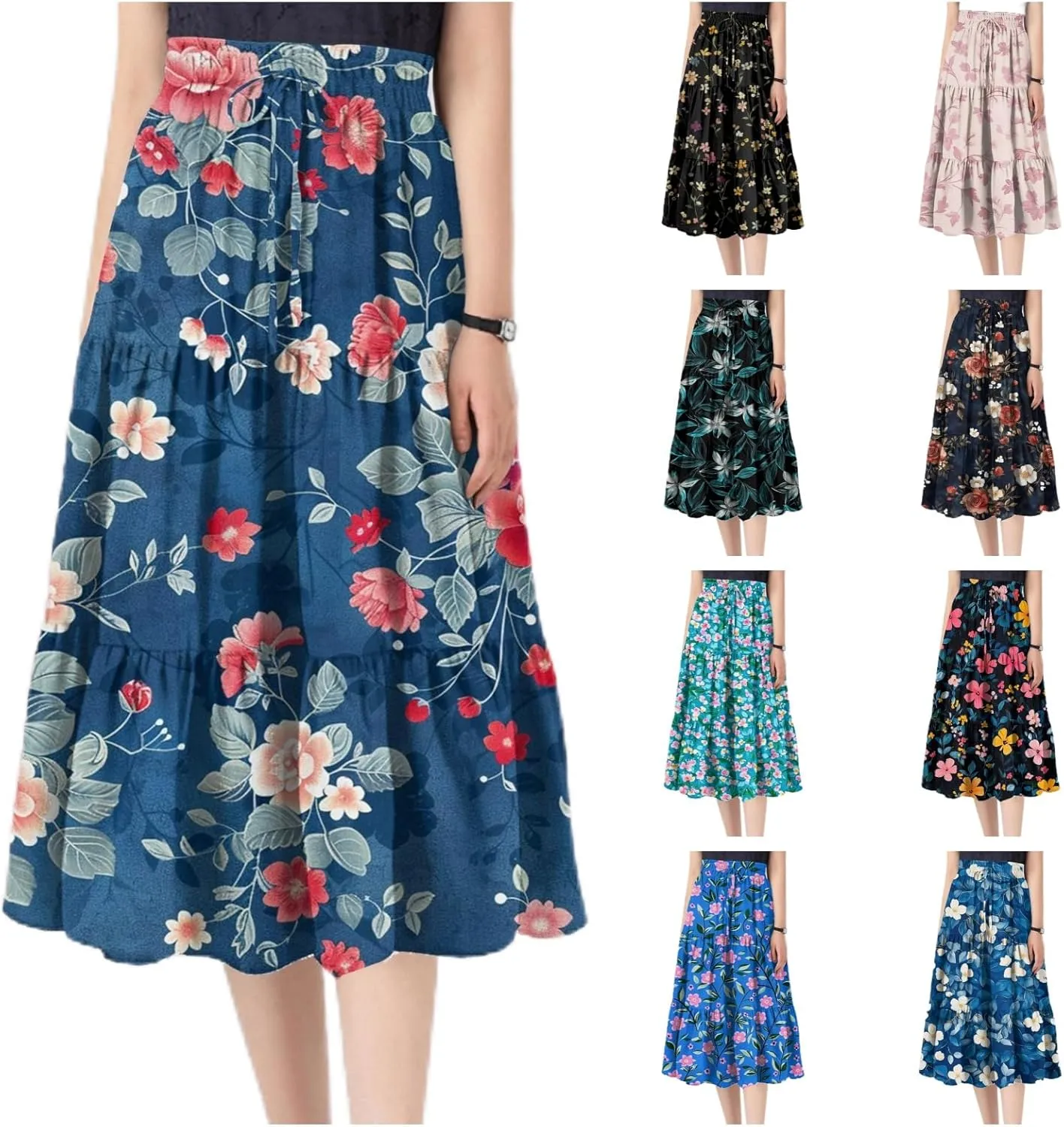 Midi Skirts for Women-2025 Summer Elegant Pleated Floral Skirts Elastic Waisted Tie Front Plus Size Ruffle Skirt