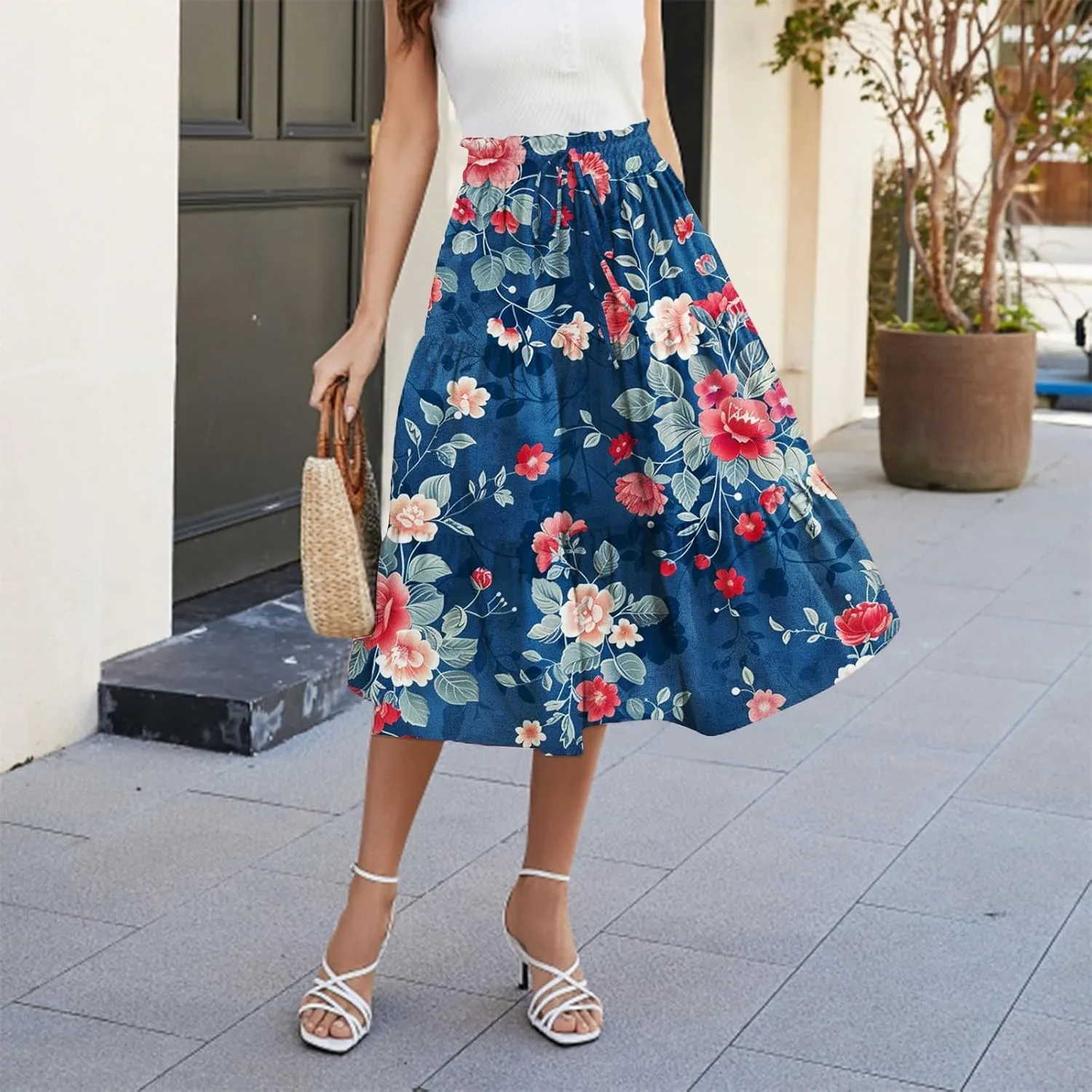 Midi Skirts for Women-2025 Summer Elegant Pleated Floral Skirts Elastic Waisted Tie Front Plus Size Ruffle Skirt