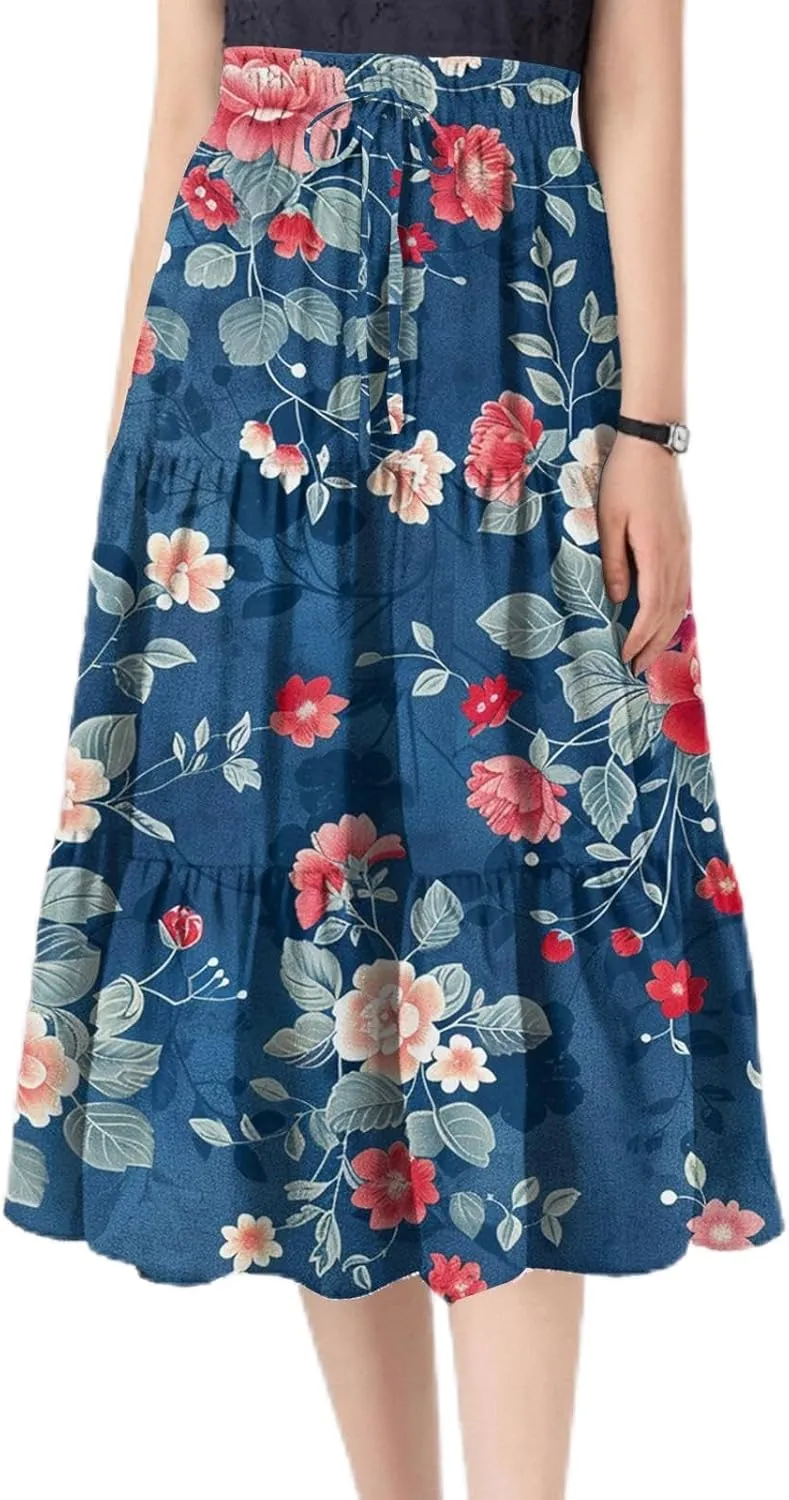 Midi Skirts for Women-2025 Summer Elegant Pleated Floral Skirts Elastic Waisted Tie Front Plus Size Ruffle Skirt