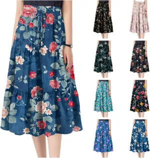 Midi Skirts for Women-2025 Summer Elegant Pleated Floral Skirts Elastic Waisted Tie Front Plus Size Ruffle Skirt