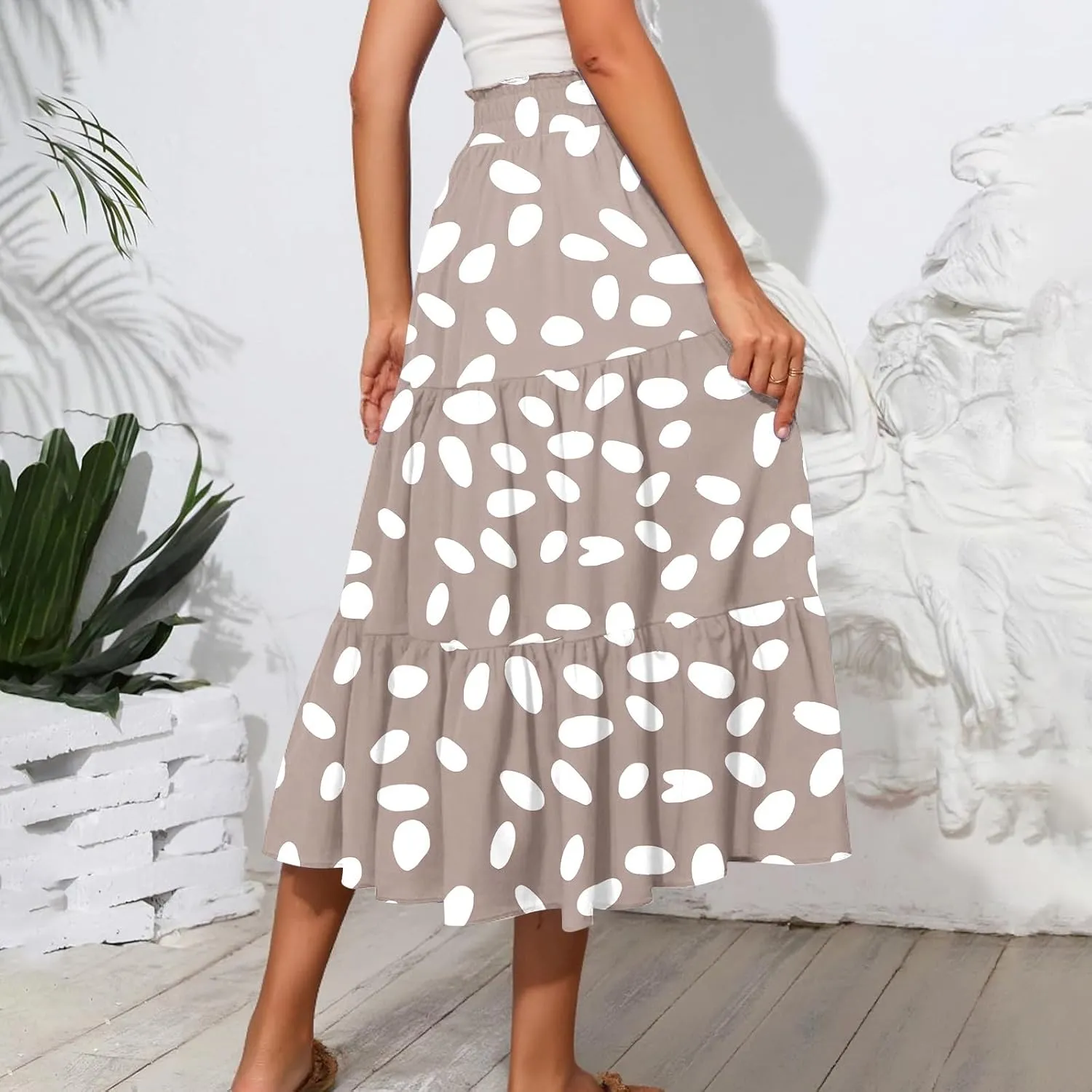 Midi Skirts for Women Elastic High Waisted Drawstring Tiered Skirt Floral Ruched Ruffle A Line Skirt with Pocket