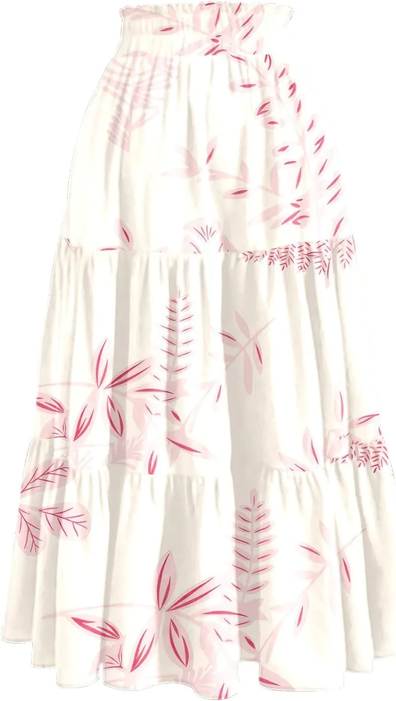 Midi Skirts for Women Elastic High Waisted Drawstring Tiered Skirt Floral Ruched Ruffle A Line Skirt with Pocket