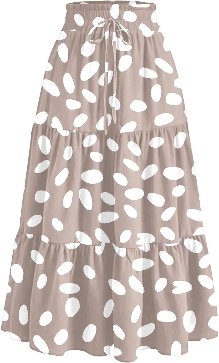 Midi Skirts for Women Elastic High Waisted Drawstring Tiered Skirt Floral Ruched Ruffle A Line Skirt with Pocket