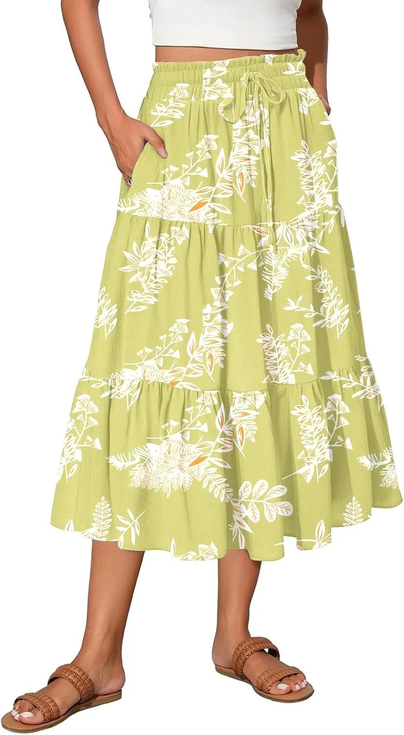 Midi Skirts for Women Elastic High Waisted Drawstring Tiered Skirt Floral Ruched Ruffle A Line Skirt with Pocket
