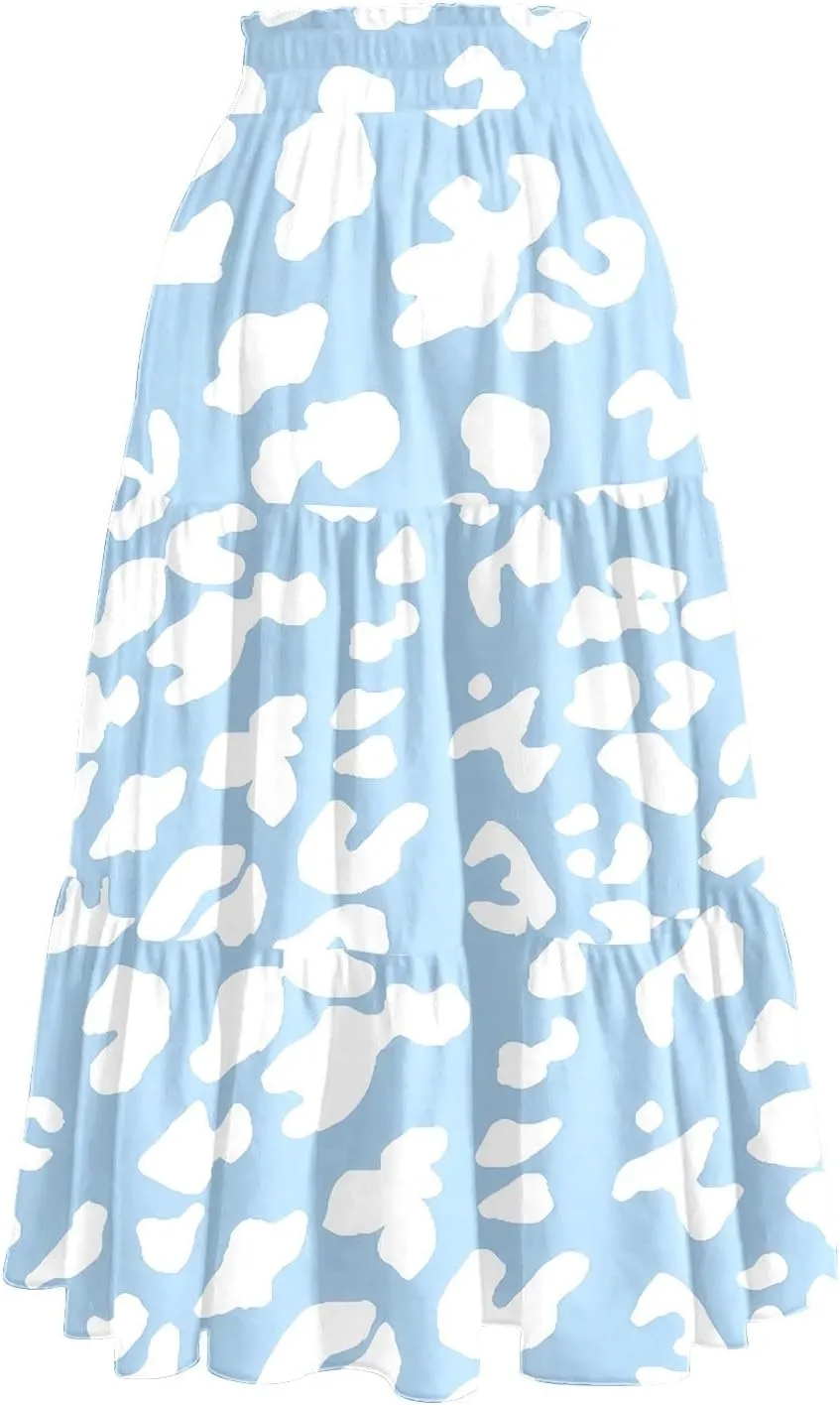 Midi Skirts for Women Elastic High Waisted Drawstring Tiered Skirt Floral Ruched Ruffle A Line Skirt with Pocket
