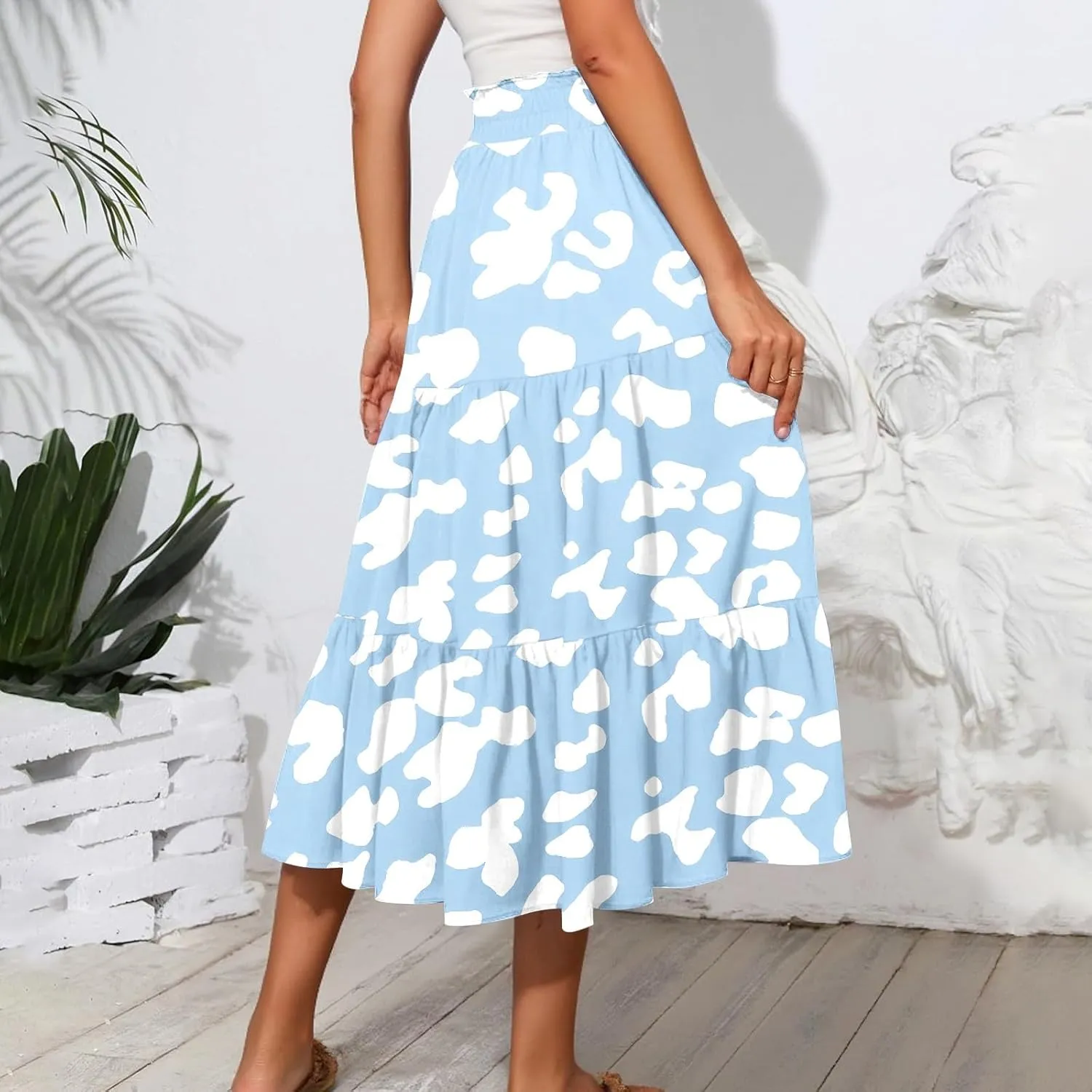 Midi Skirts for Women Elastic High Waisted Drawstring Tiered Skirt Floral Ruched Ruffle A Line Skirt with Pocket