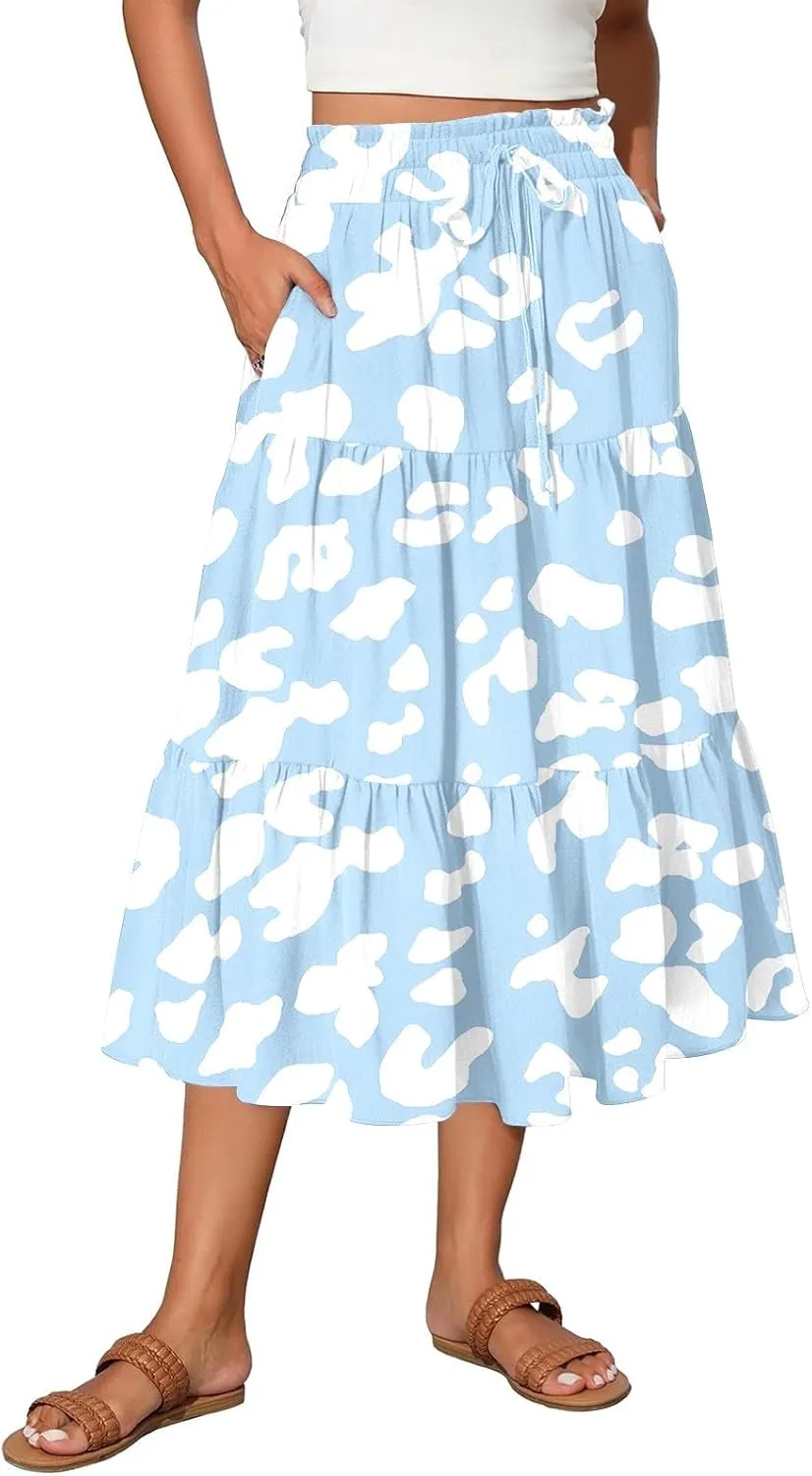 Midi Skirts for Women Elastic High Waisted Drawstring Tiered Skirt Floral Ruched Ruffle A Line Skirt with Pocket