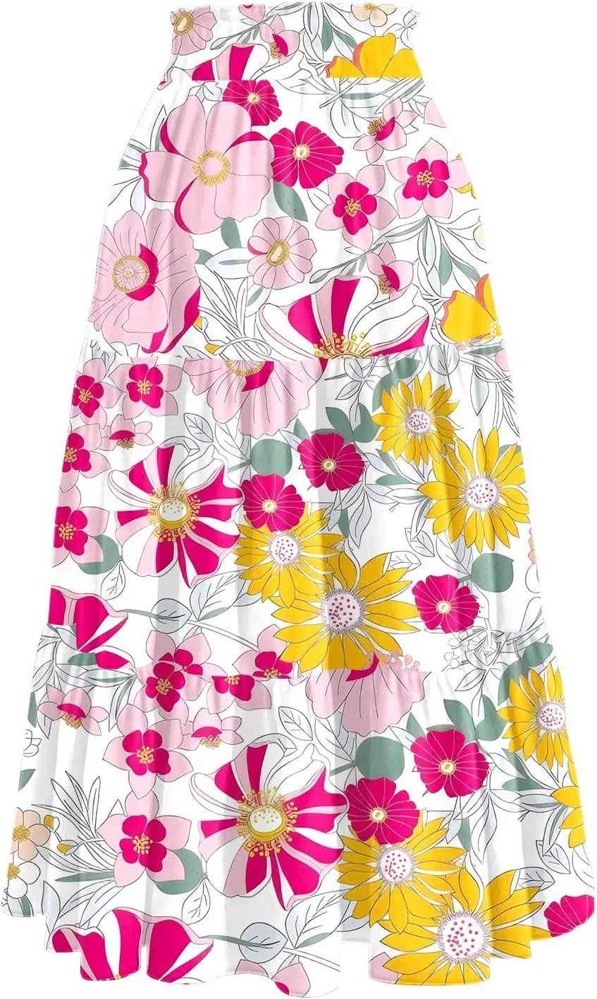 Midi Skirts for Women Elastic High Waisted Drawstring Tiered Skirt Floral Ruched Ruffle A Line Skirt with Pocket