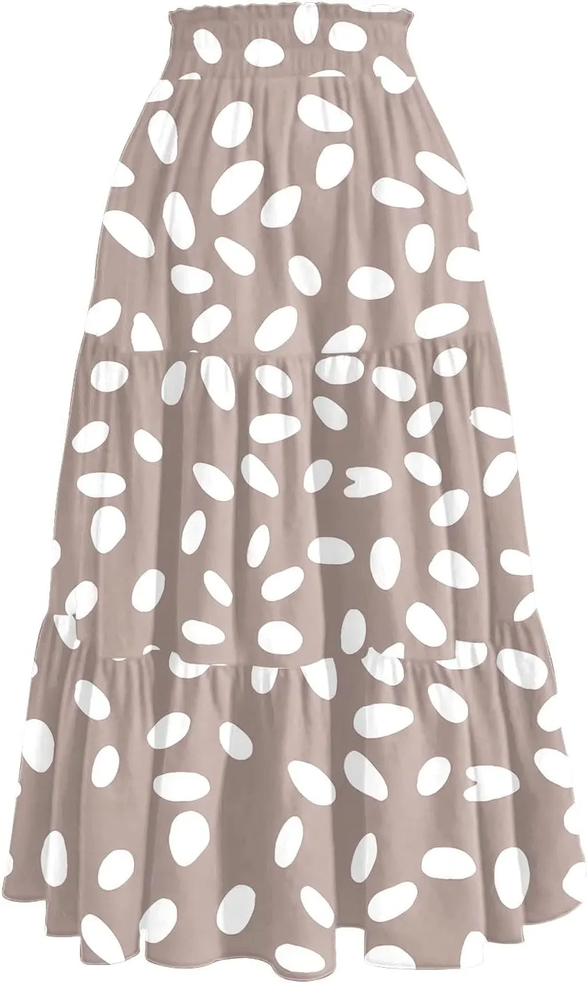 Midi Skirts for Women Elastic High Waisted Drawstring Tiered Skirt Floral Ruched Ruffle A Line Skirt with Pocket